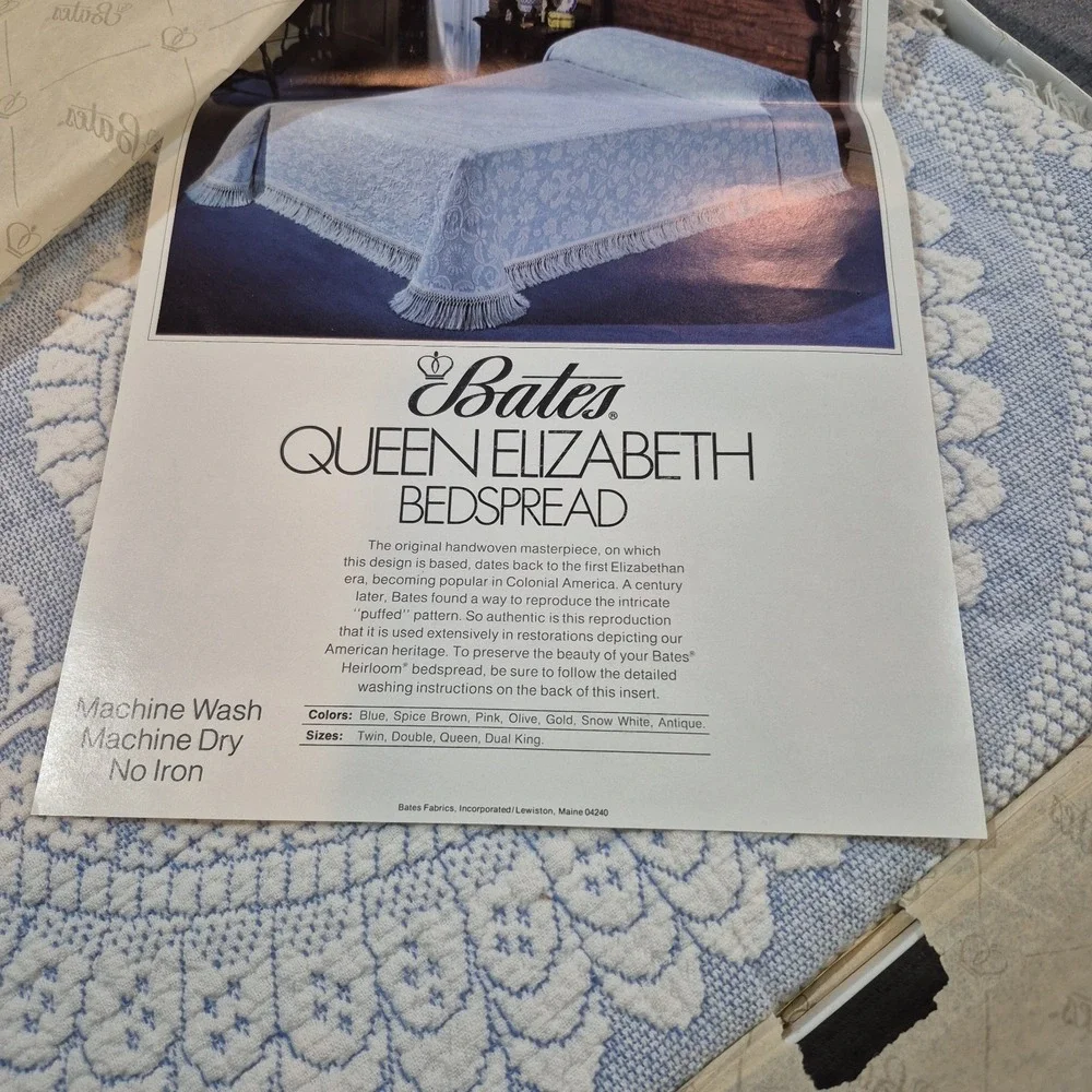 Vintage Double 98 X 112 Bates Queen Elizabeth Lt Blue Bedspread w Fringe In Box